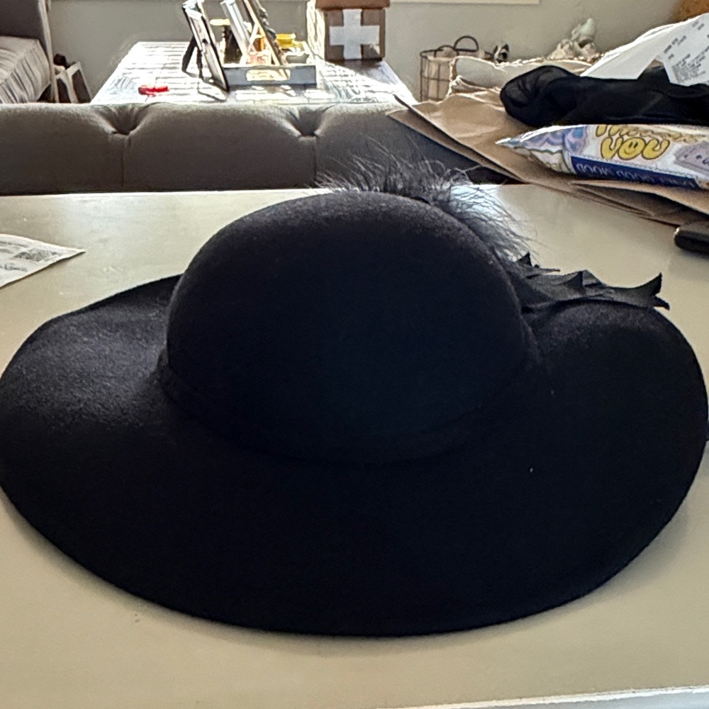Sonni from San Fransico Classic Black Wide-Brim Felt Hat with fuzzy detail
